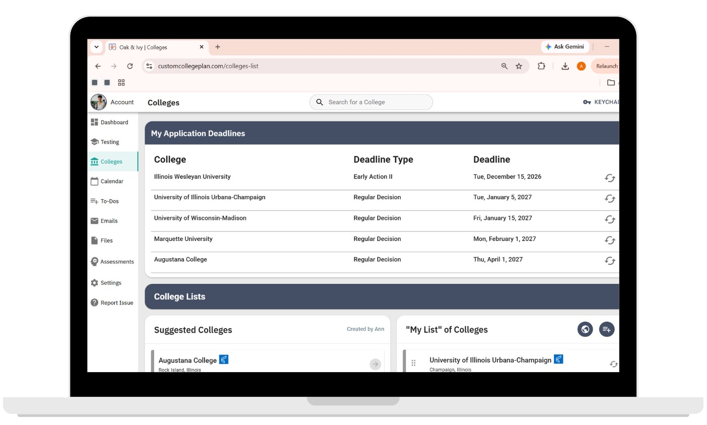 CustomCollegePlan dashboard showing a student's college list and application deadlines